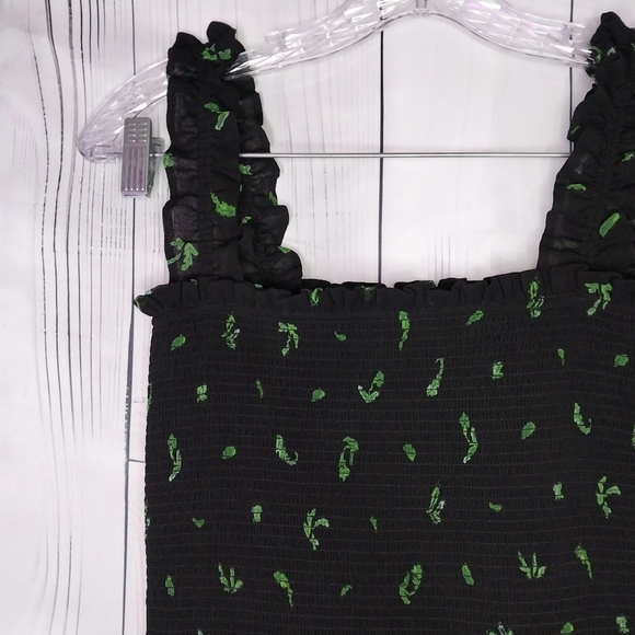 Aritzia Wilfred Luella smocked mini dress in a black with green leaf print - Picture 4 of 10